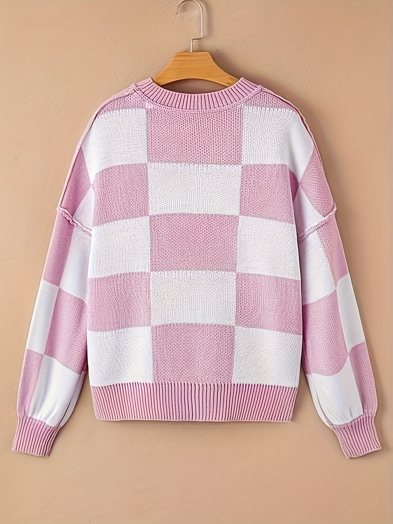 Cozy Plaid Crew Neck Sweater - Soft Micro Elasticity, Color Block Long Sleeve, Machine Washable - Casual Fall & Winter Fashion for Women