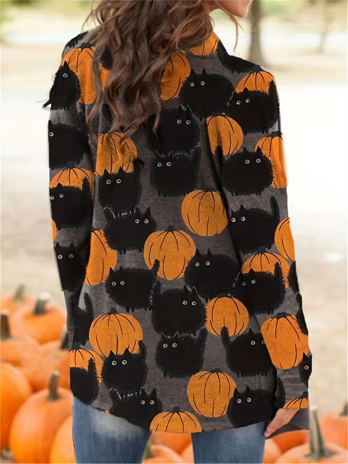 Halloween Pumpkin Pattern Cardigan, Casual Open Front Long Sleeve Cardigan For Spring & Fall, Women's Clothing