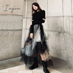 Ingvn - Women Mesh Skirt 2023 Spring High Waist Skirts Female Contrast Color Long length Fashion Streetwear