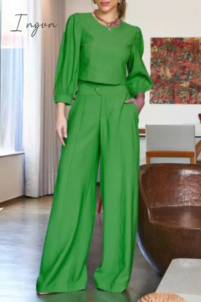 Ingvn - Elegant Solid Pocket O Neck Long Sleeve Two Pieces