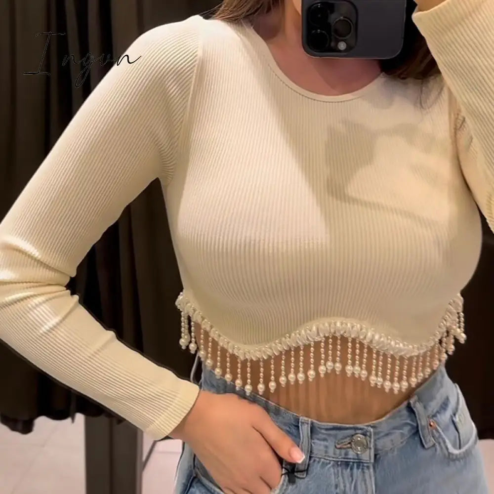 Ingvn - Loose Rhinestone Women Crop Top 2023 Spring Long Sleeve O-neck Tassel Hem Female T-shirt Casual Chic Streetwear Lady Tshirt
