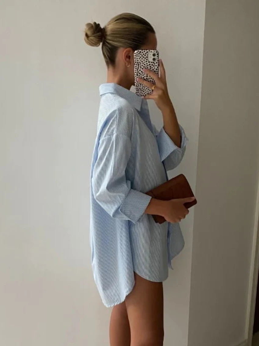 Ingvn  Chic Striped Women Shirt Loose 100% Cotton Shirts Tops Ladies Casual Lapel Oversized Lace Up Blouse Women Tops Blouse