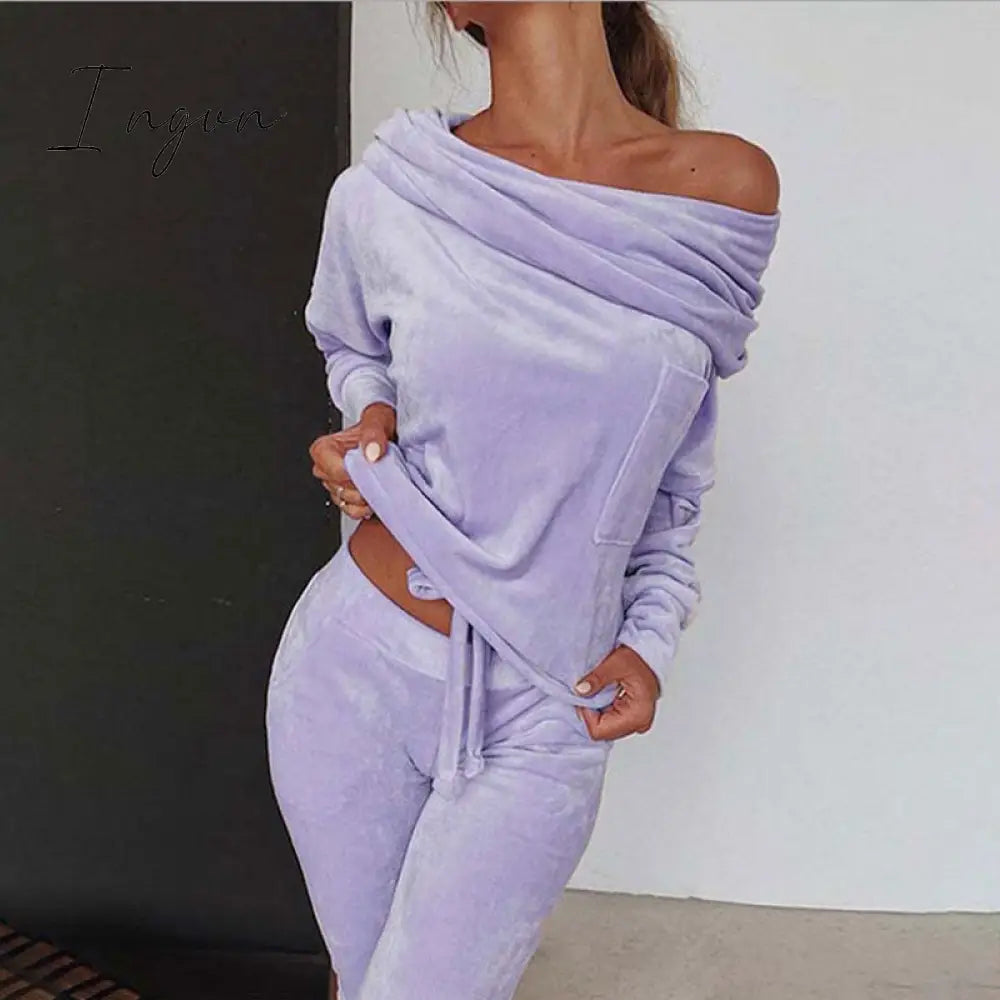 Ingvn - Autumn Velour Lounge Set Women  Two Piece Sets Velvet Velour Tracksuit Ladies Sweatsuit 2 Piece Outfits For Women