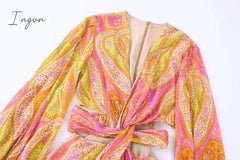 Ingvn - 2023 Summer Women Elegant With Print Hollow Out Mini Dress New Pleated Full Sleeves Tied V-Neck Back Zippers Vintage Vestidos