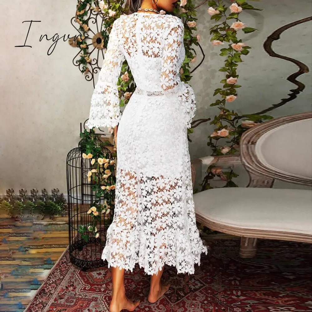 Ingvn - Fashionable Autumn Women Dress Sexy Lace Long-sleeved V-neck Large-length Ladies Chic Vestidos Wedding Party Bridal Dress