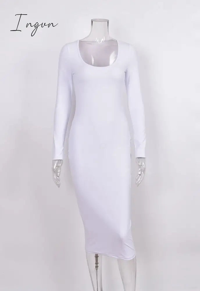 Ingvn - Summer New Personality Fashion Casual Commuting Women's Wear Round Low Collar Long Corset and Knee White Dress