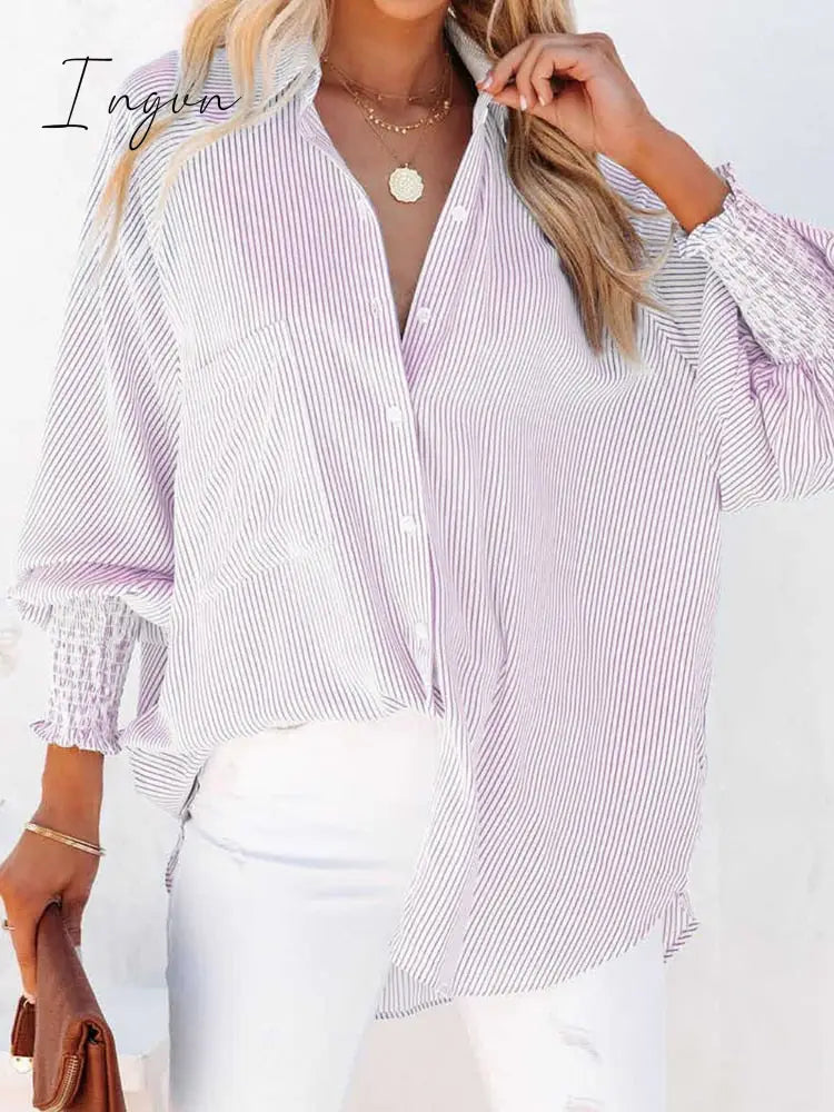 Ingvn - 2023 Spring Fall Lantern Sleeve Striped Shirt Blouse Women Lapel Buttons Loose Shawl Cover-Ups Elegant Beach Bikini Cover Up