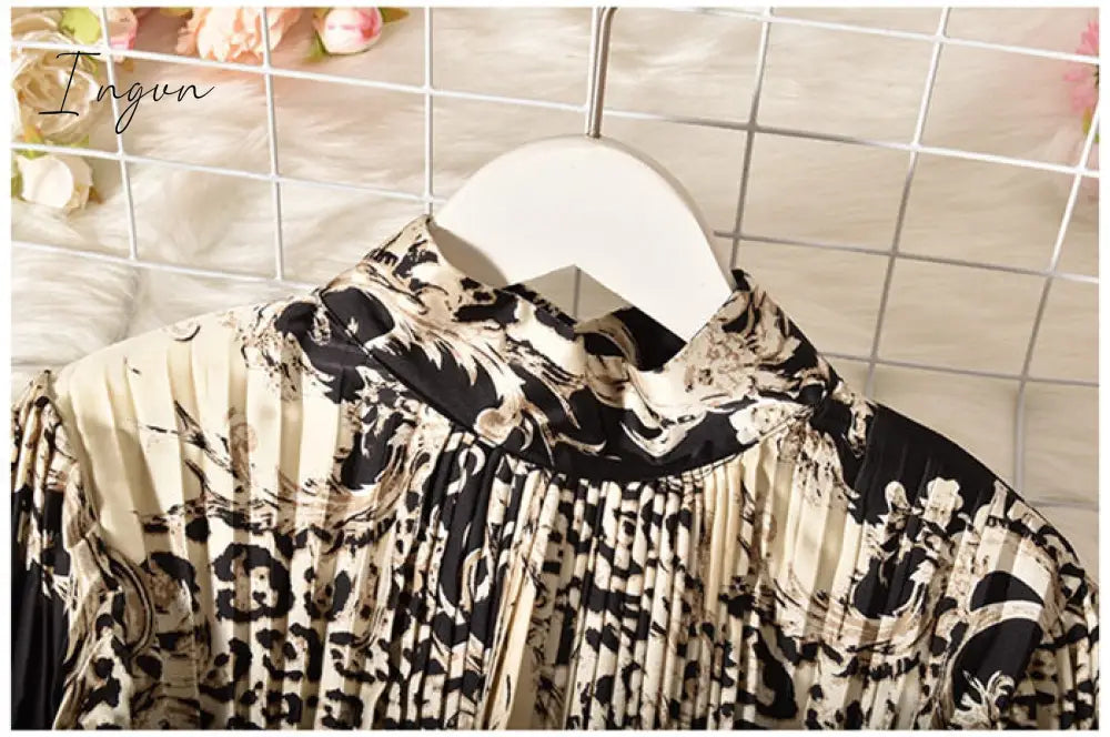 Ingvn - Vintage Long Dress Popular Full Sleeve Spring Fall New Loose A-Line Printed Leopard Pleated Women Dress Elegant Robe y1470