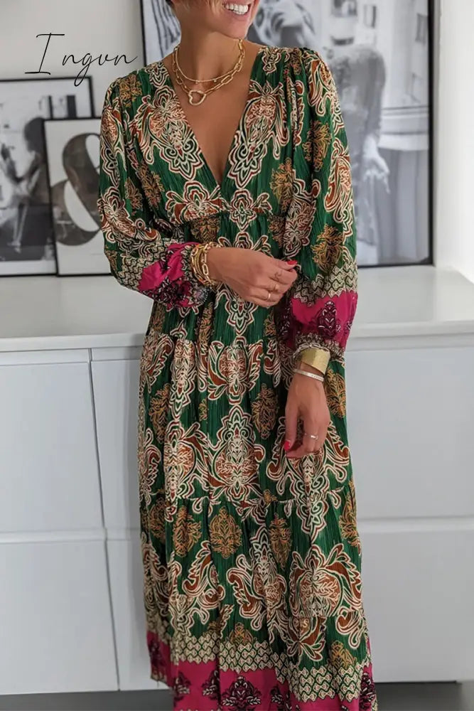 Ingvn - Casual Bohemian Floral Fold V Neck Printed Dresses(4 Colors)