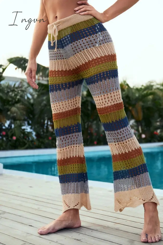 Ingvn - Casual Patchwork Hollowed Out Contrast Regular High Waist Trousers