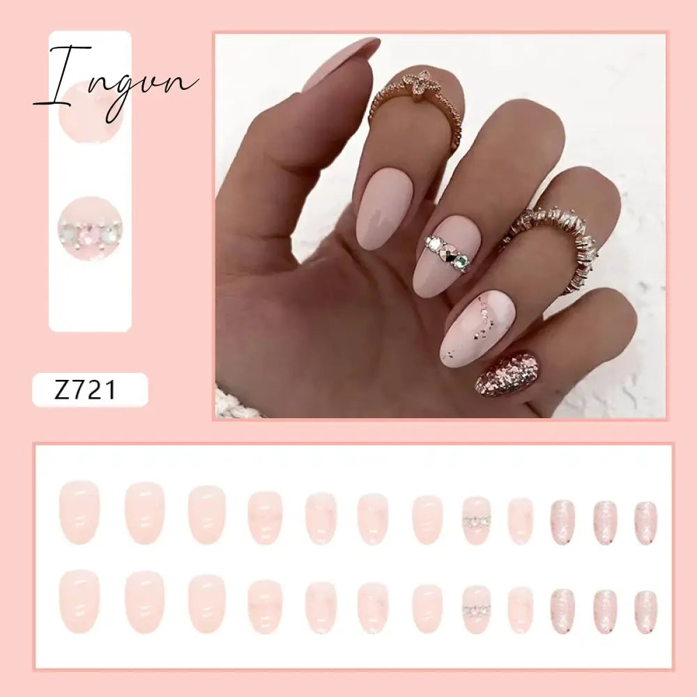 24pcs/Box Gradient Nail Art Patches False Nails Short Square Nail Blue Starry Glitter Teardrop Diamond Fake Nail Tips