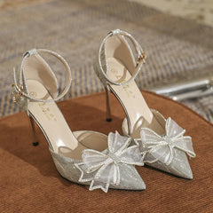 Ingvn  Elegant Silver High Heels Pumps Women Autumn Plus Size 42 Ankle Straps Party Shoes Woman Pointed Toe Bowtie Wedding Shoes