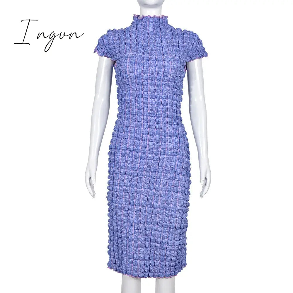 Ingvn - Popcorn Yarn Dye Fashion O-Neck Sleeveless Midi Dress Women Sexy Body-Shaping Robe Summer 2023 Hipster Clubwear