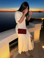 Elegant Women Hollow Out Knitted Maix Dress Short Sleeved Single Breasted Slim Dresses Fashion Solid Female Commuting Robes