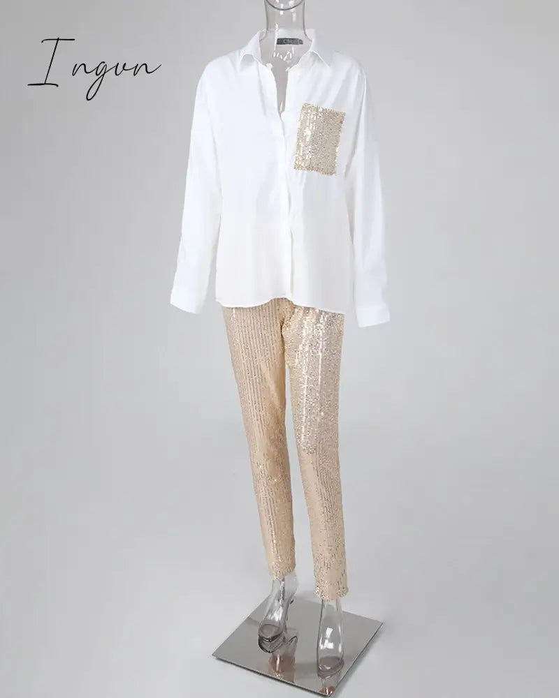 Ingvn - Women Fashion Sequin Two Piece Set Long Sleeve Womens Tops And Blouses Femme Two Piece Outfits Elastic Waist Long Pants Sets