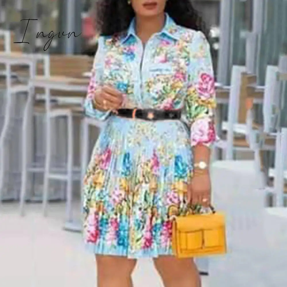 Ingvn - Office Ladies Work Wear Bow Collar Print A-Line Color Block Dress Casual Fit And Flare Pleated Dress Summer Women Fashion