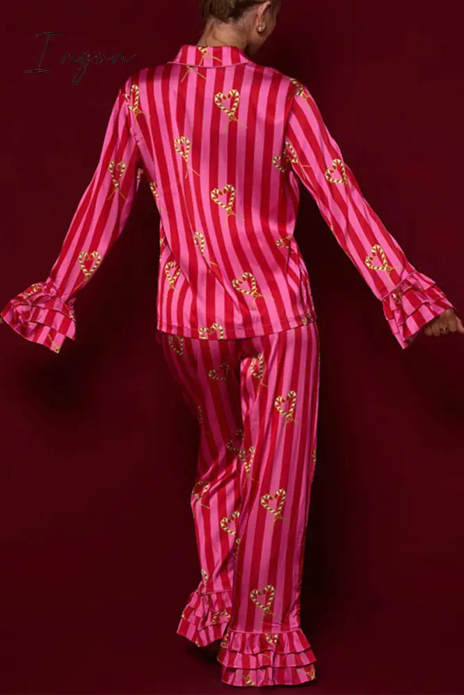 Ingvn - Casual Daily Striped Printing Turndown Collar Long Sleeve Two Pieces