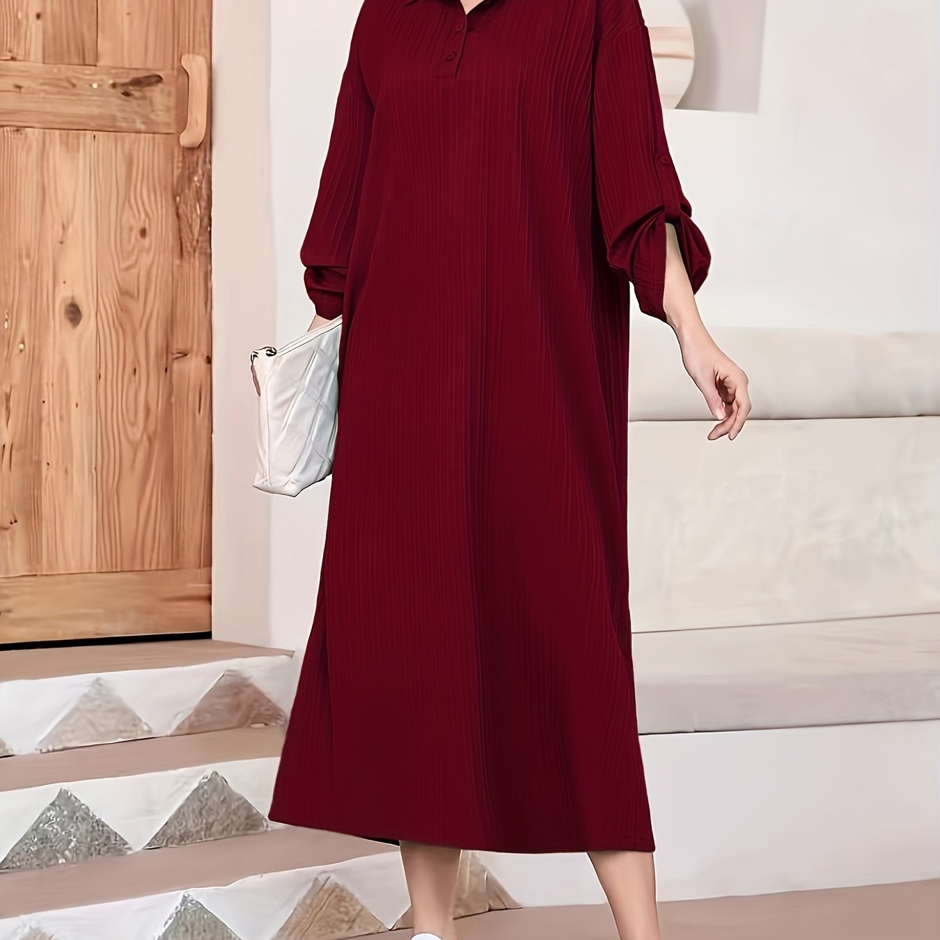 Elegant Women's Solid Textured Half Button Collared Midi Dress with Adjustable Long Sleeves for Spring & Fall