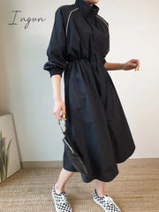 Ingvn - 2023 Autumn Long Sleeve Windbreaker Dress Korean Chic All-match Stand-up Collar Invisible Buckle Design Loose Vestidos