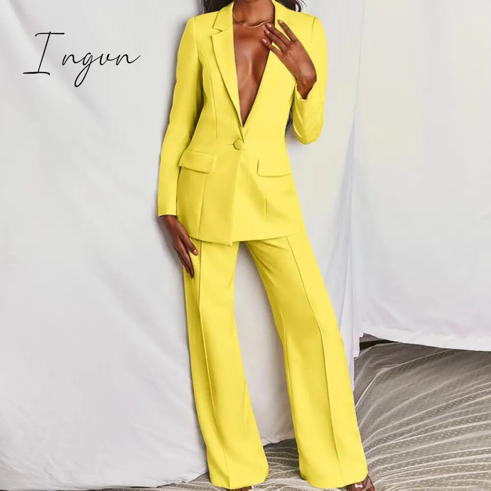Ingvn - Women's Coats Blue Long Sleeves Workwear Outfits Female Solid Office Formal Chic Pockets Summer pants Sets Conjunto Femenino