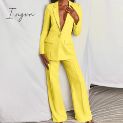 Ingvn - Women's Coats Blue Long Sleeves Workwear Outfits Female Solid Office Formal Chic Pockets Summer pants Sets Conjunto Femenino