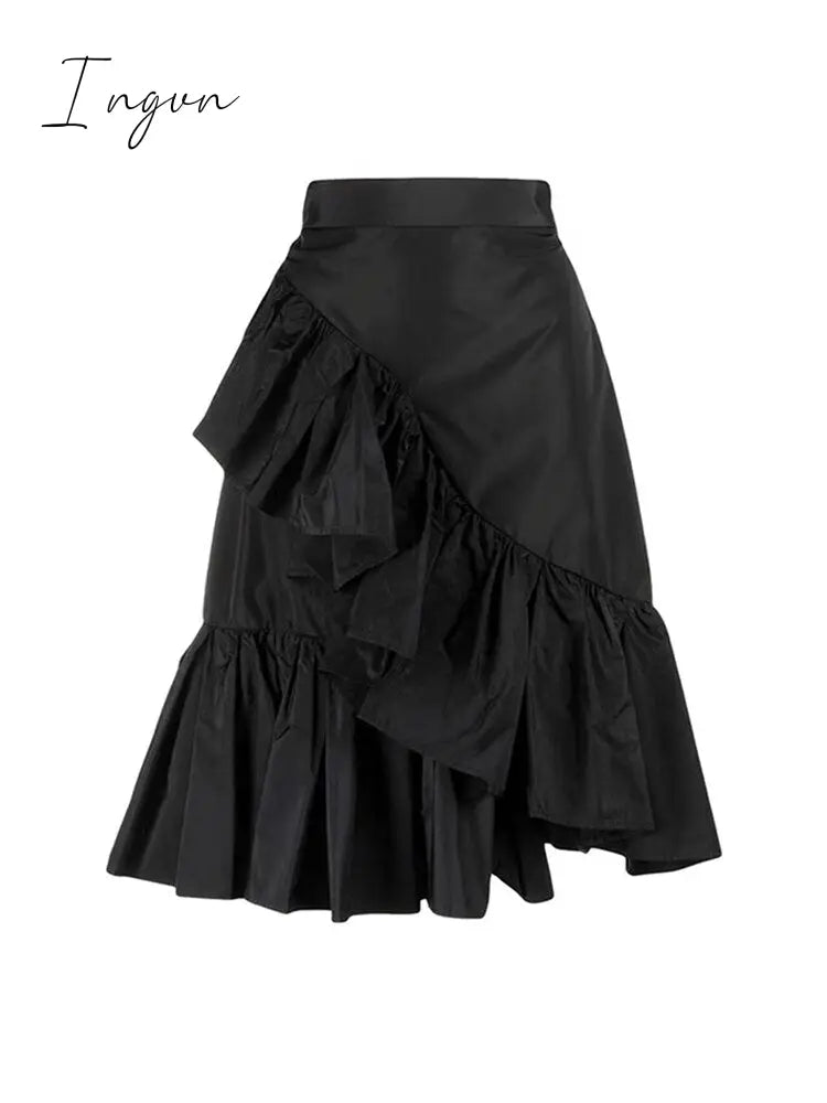 Ingvn - Elegant Women Long Skirt Spring Summer Fashion All-Match High Waist Folds Fishtail Ladies Casual Street Ruffles Party Maxi Jupes
