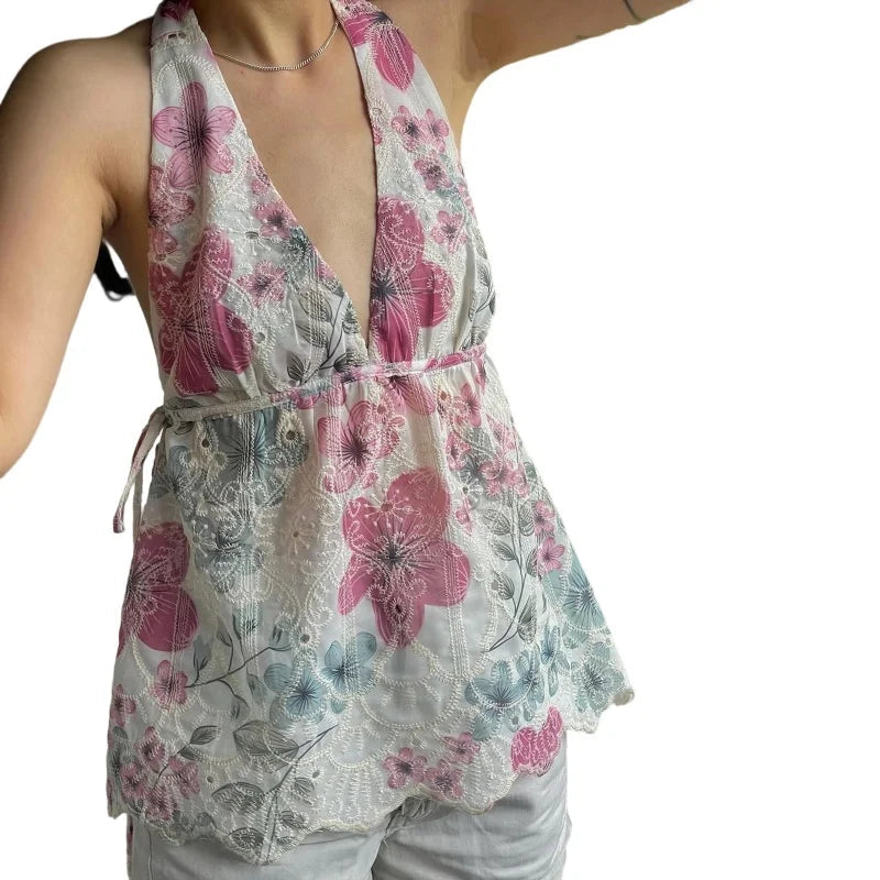 Coquette Tank Tops y2k Women Floral Print V Neck Tie-Up Sleeveless Backless Halter Neck T Shirts Vest 2000s Clothing