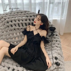 Ingvn - Women dress demon girl original black spring and autumn sexy high waist femme dress shoulder long sleeve gothic dress A085