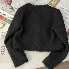 Ingvn - Korean Fashion Tassel Tweed Coat Women Spring Fall V-Neck Vintage Jacket 2023 French Style Black White Single Breasted Outwear