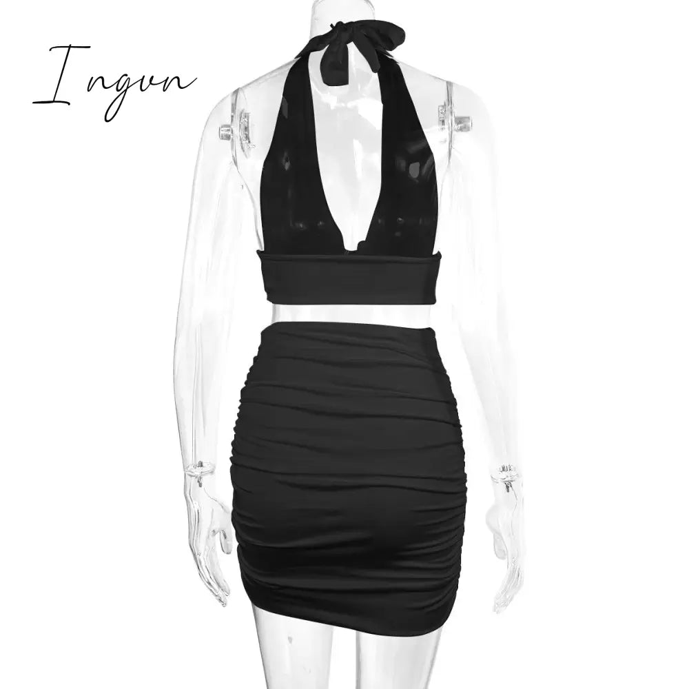 Ingvn - 2 PCS Sexy Ruffle Mini Dress Set Black Deep V Top Summer Skirts Suits Bodycon Women Party Tight Short Dress Suit