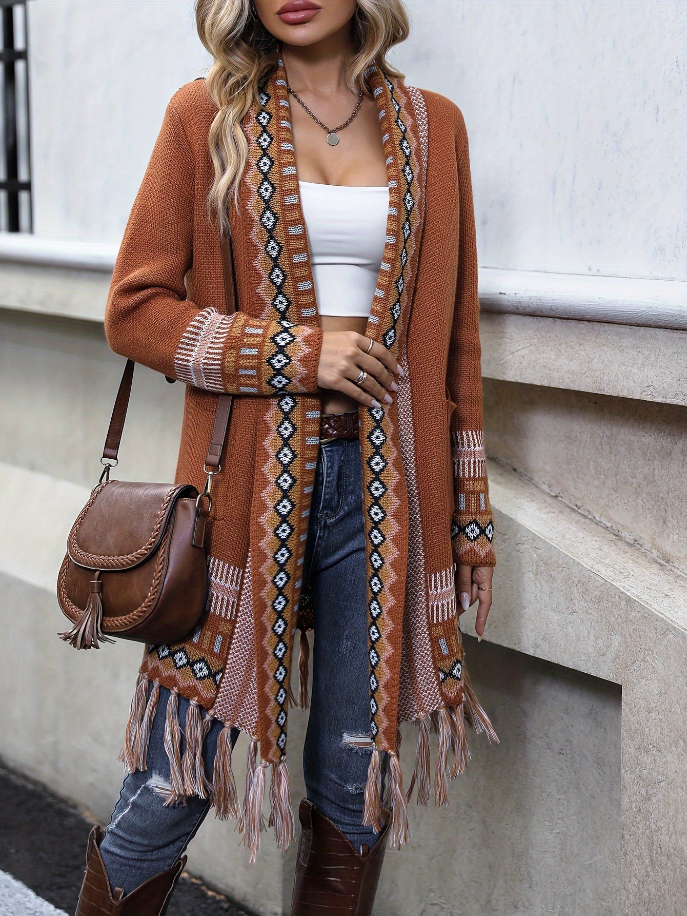 Vibrant Geo Pattern Tassel Hem Cardigan - Long Sleeve, Retro Ethic Style, Soft and Cozy, Perfect for Fall and Winter, Women's Fashion Clothing for Chic and Confident Ladies