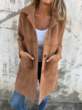 Autumn and winter single-breasted solid color lapel pocket double-sided cashmere mid-length coat for women