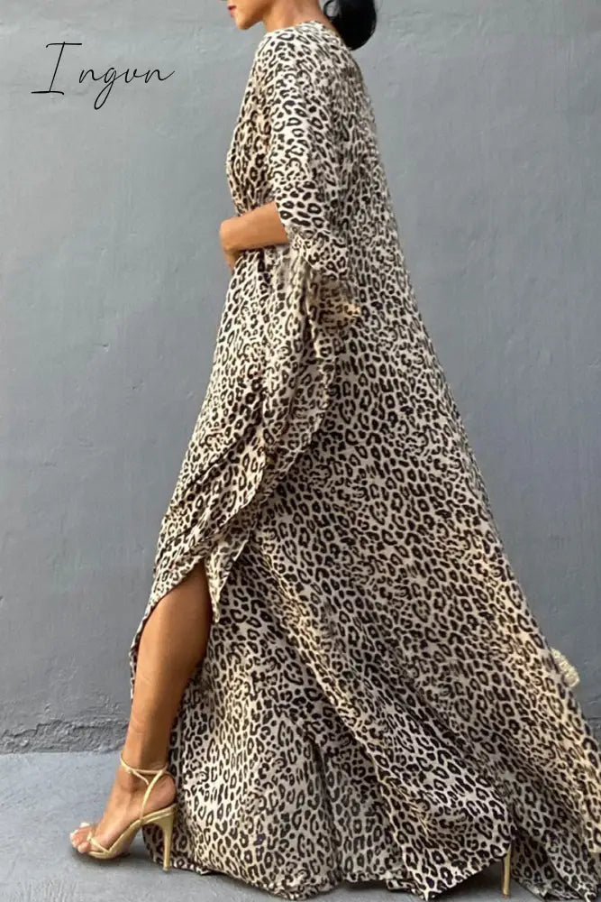 Ingvn - Vintage Vacation Print Leopard Slit Swimwears Cover Up
