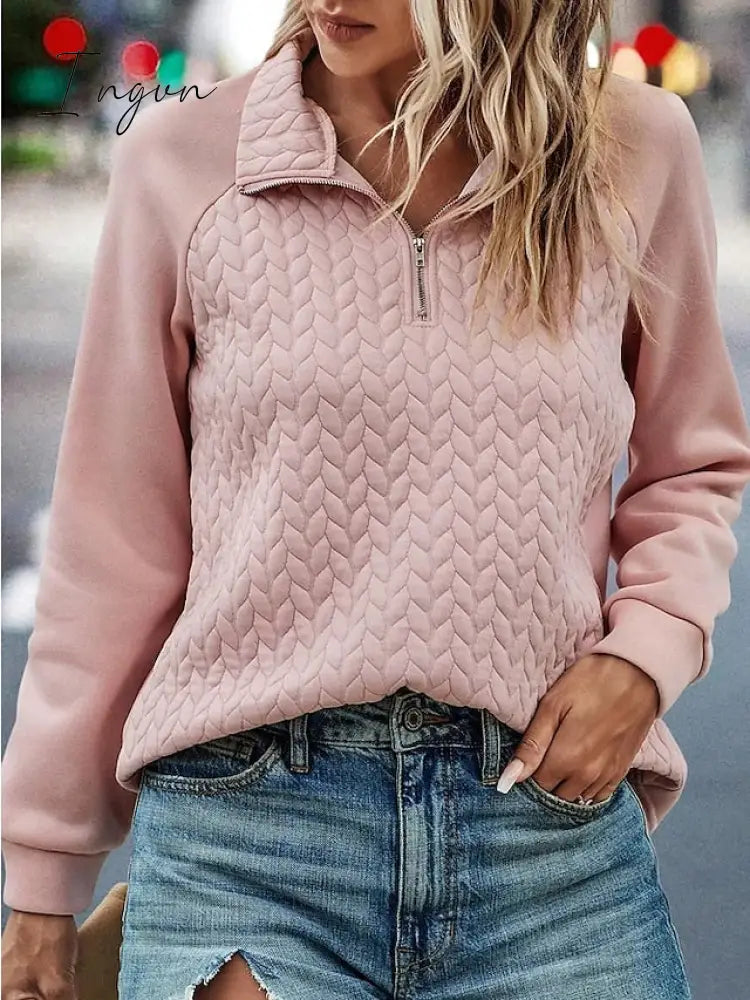 Ingvn - Women's Sweatshirt Pullover Basic Quarter Zip Pink Solid Color Casual V Neck Long Sleeve Top Micro-elastic Fall & Winter