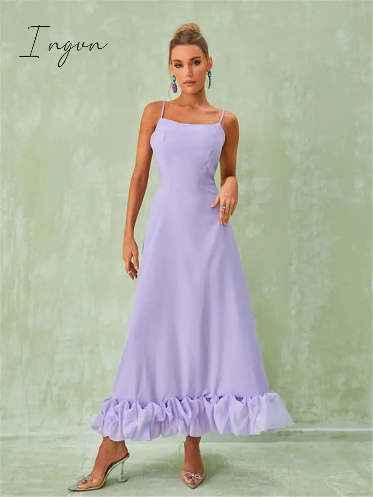 Ingvn - Elegant Flower Hem Sexy Midi Dress Women Spaghetti Strap Sleeveless Backless A- Line Loose Temperament Long Dress
