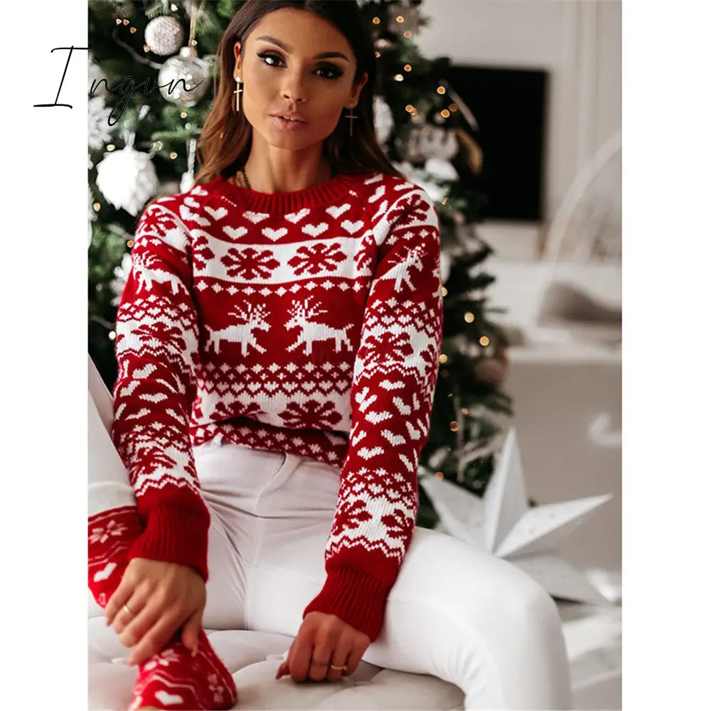 Ingvn - Fashion Autumn Winter Long Sleeve Loose Christmas Dresses Ladies Christmas Print A-line Mini Dress tops New Women