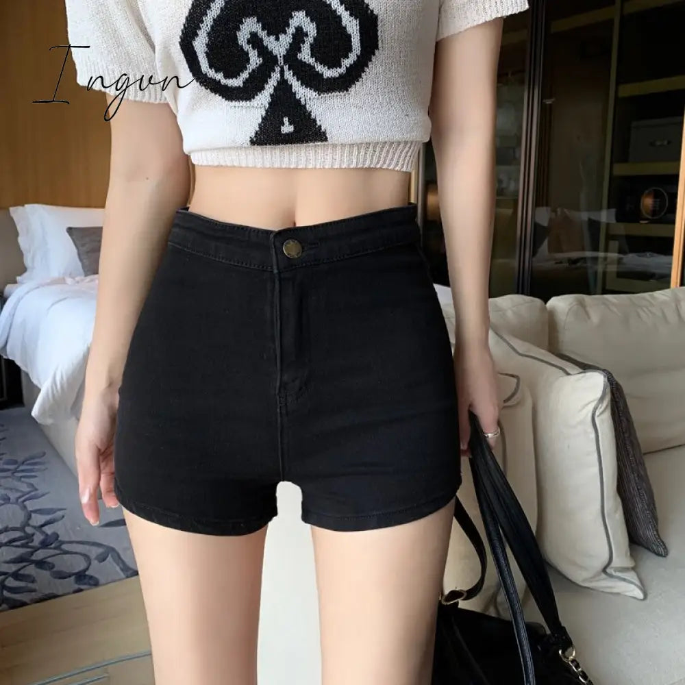 Ingvn - Black Jeans Shorts for Women 2023 New High Waisted Skinny Korean Fashion Chic Jeans Shorts Casual Straight Jeans Shorts