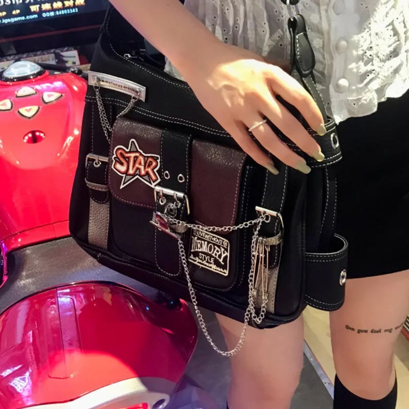 Ingvn  Women Y2k Shoulder Bag Fashion Chains Designer Grunge Bags Pu Leather Aesthetic Crossbody Handbags Hiphop Street Style Cool Girl