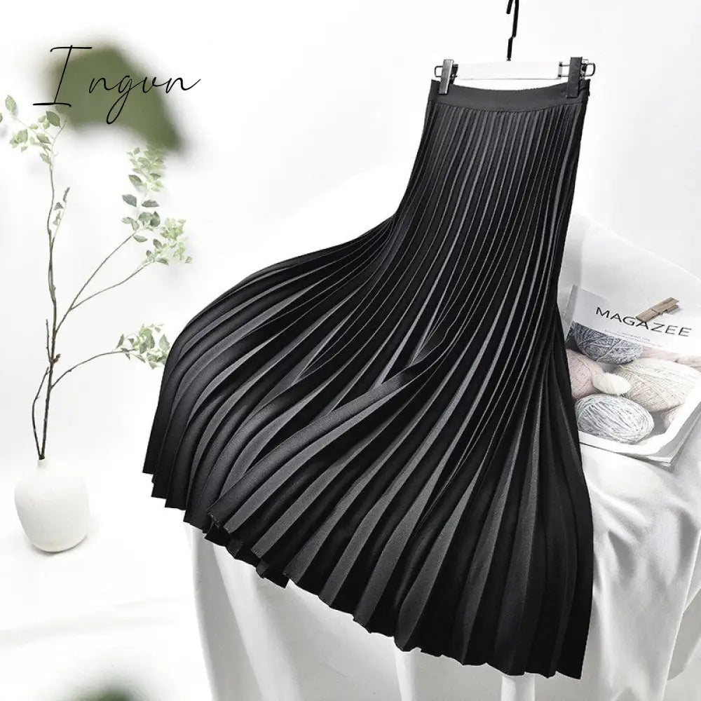 Ingvn - Brand Designer Women Spring Autumn Elegant Chic Solid Pleated Skirt High Waist Luxury Fashion With Elastic Female C-035