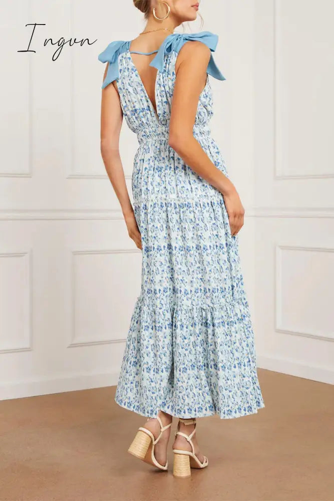 Ingvn - Sweet Elegant Print Flowers Frenulum V Neck A Line Dresses