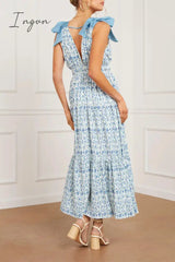 Ingvn - Sweet Elegant Print Flowers Frenulum V Neck A Line Dresses