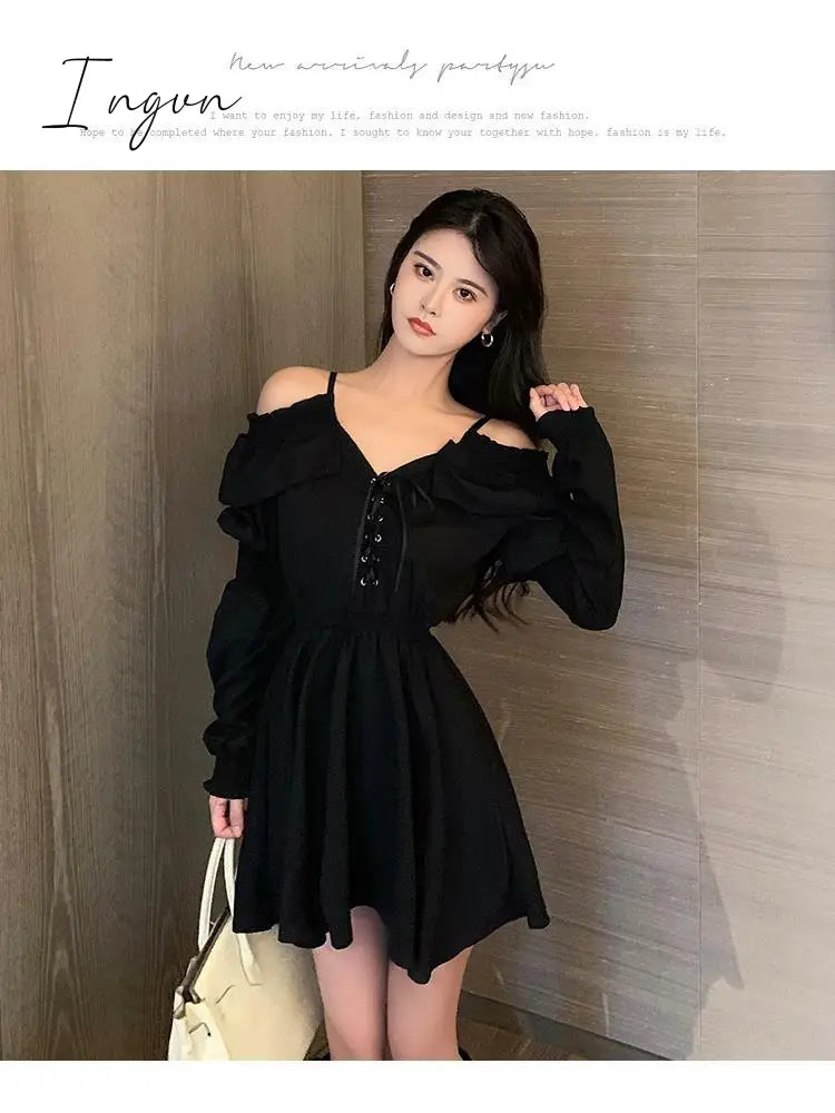 Ingvn - Gothic Black Dress Women Casual Button Lace Evening Party Sexy Mini Dress Female Long Sleeve One-piece Dress Korean Autumn