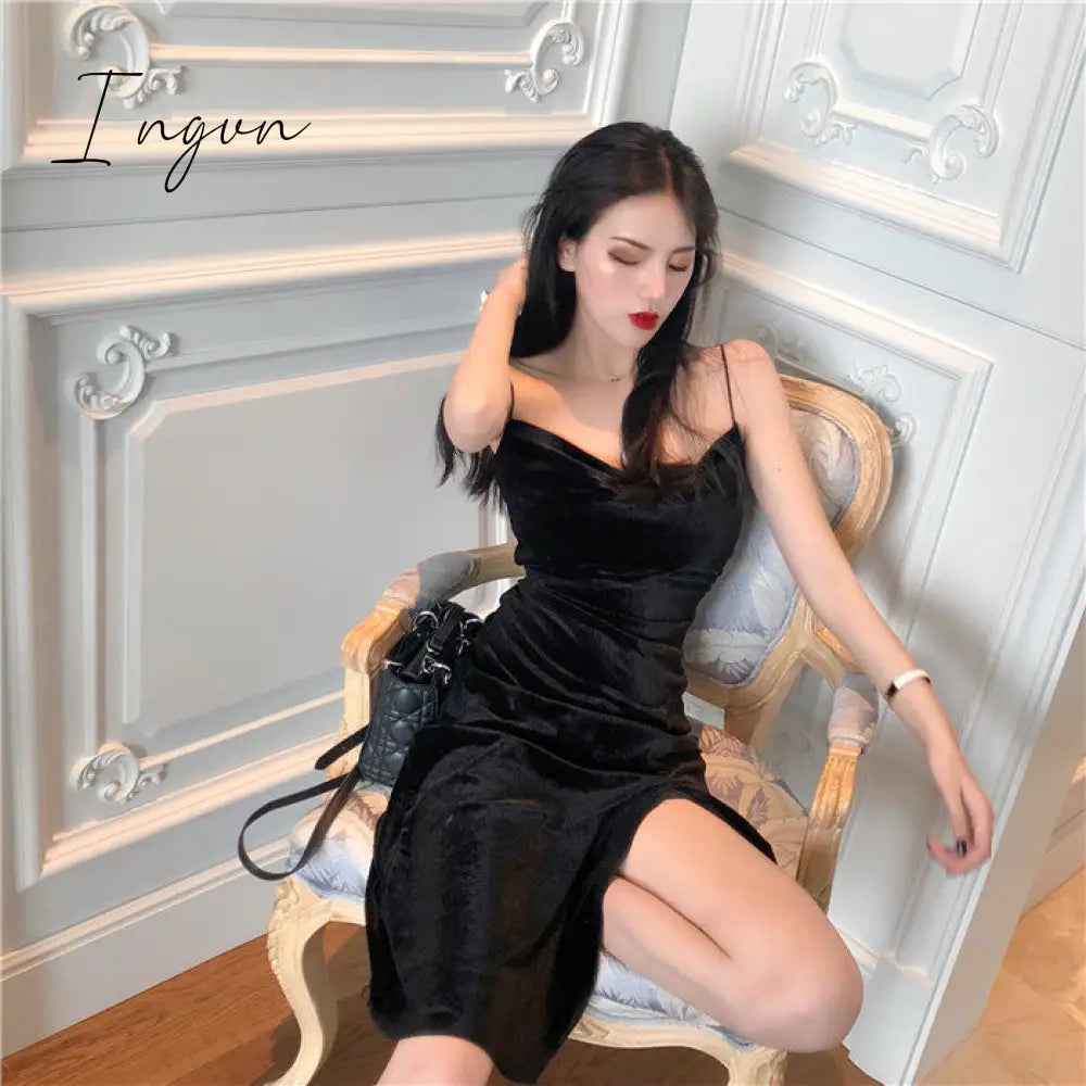 Ingvn - Brand New Women Dress Spaghetti Strap Slit Velvet Black Dress Sexy Bodycon bandage Dress Midi Party Dress Vestidos Verano