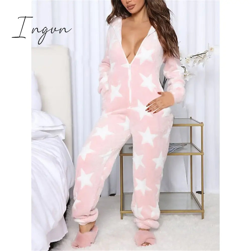 Ingvn - Women's Pajamas Jumpsuit Leopard Star Warm Comfort Plush Home Christmas Flannel Warm Breathable Hoodie Long Sleeve Pocket Fall Winter Leopard Print Moon blue