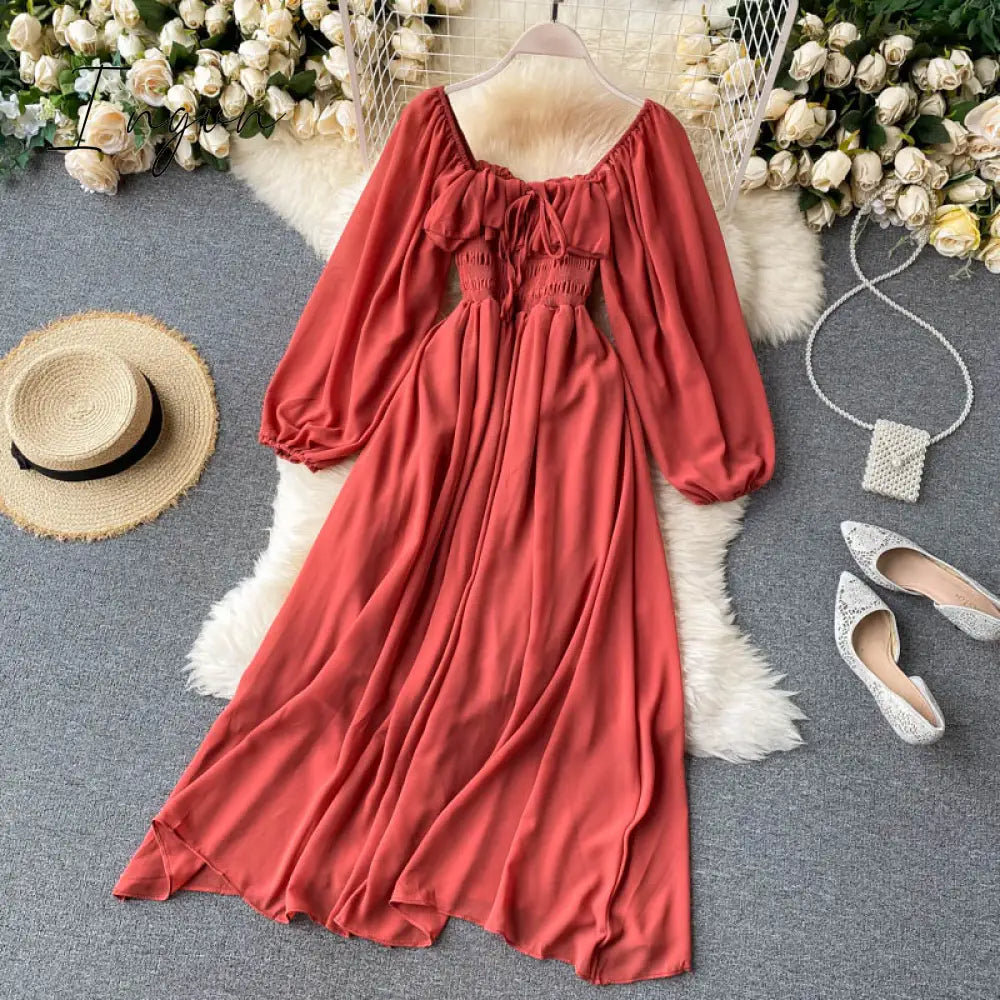Ingvn - Woherb Chic Elegant Square Collar Maxi Dress Women Solid Chiffon Puff Sleeve Dresses Korean Fashion Vintage Ruffle Vestidos