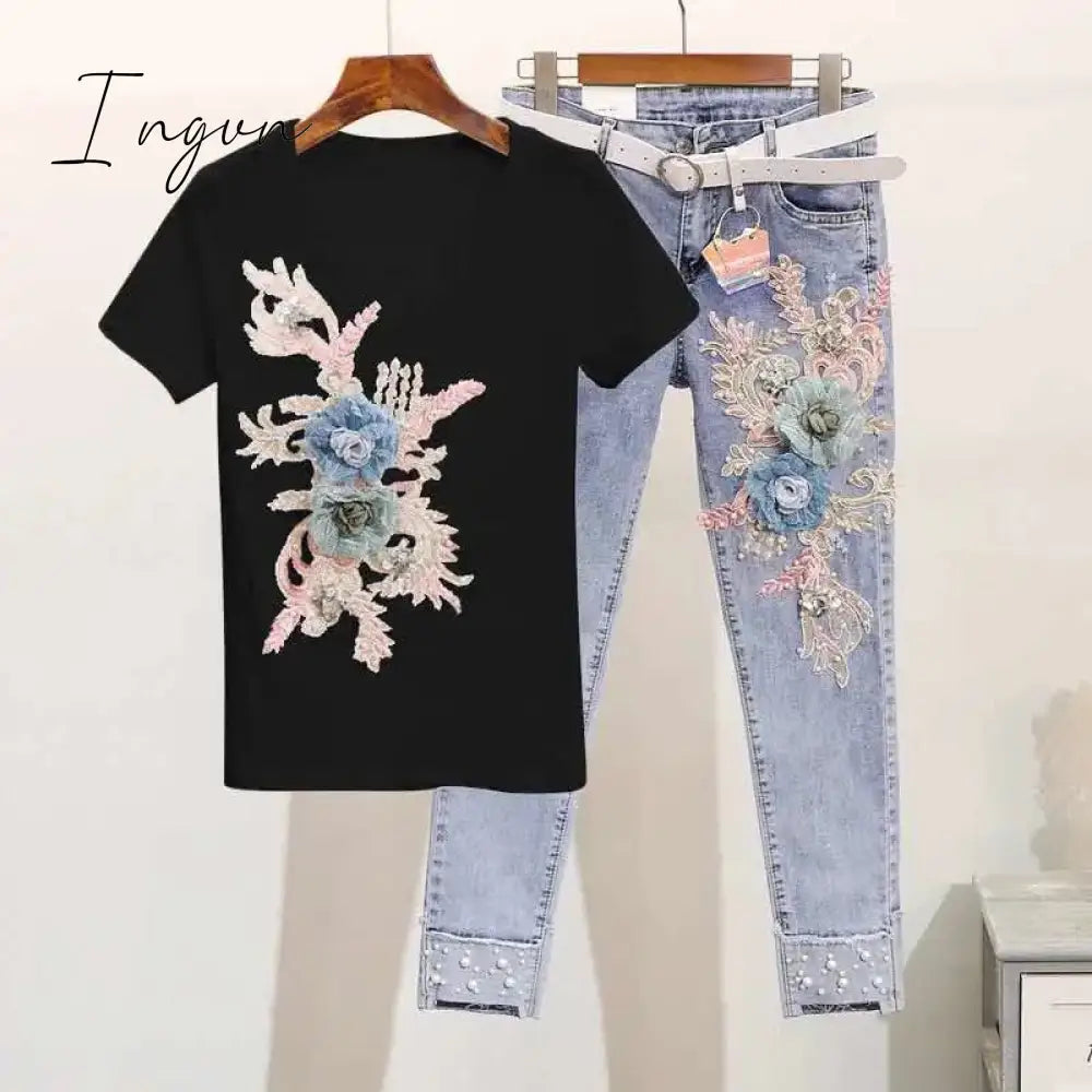 Ingvn - One-Piece/Set Summer New Women Denim Pants Beaded Embroidery Short-Sleeved + Small Feet Hole Jeans Female Two-Piece Suit425