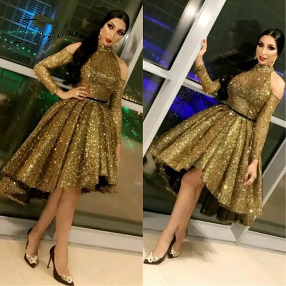 Ingvn - Evening Celebrity Prom Ball Gown Dresses 2023 Woman Party Night Short Elegant Plus Size Arabic Dubai Gold Formal Dress
