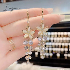 Exquisite Opal Flower Earrings For Women Rhinestone Long Tassel Zircon Earring Girls Wedding Party Temperament Jewelry New