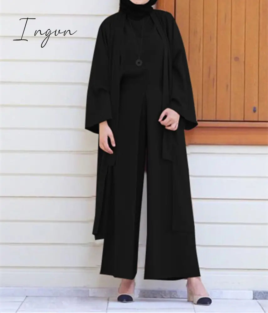 Ingvn - Spring Outfits Trends Women Solid Color Vest Wide Leg Pants Cardigan Coats 3-Piece Sets Fashion Design Arab Islamic Dubai Female Elegant Suit