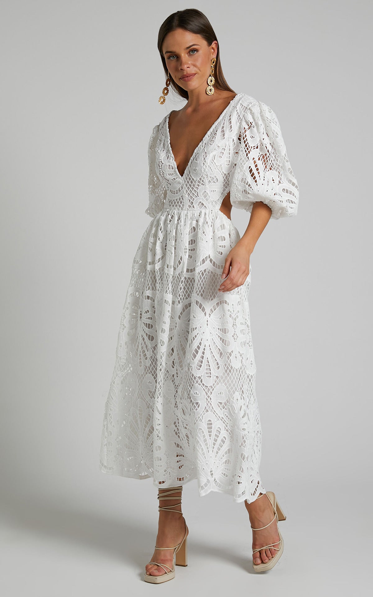 Sexy Hollow Out Long Dress Summer New Arrival V-neck Lace Embroidery Women's Clothing